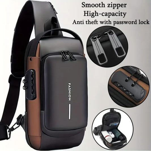 Fashion Men Sling Bag Pack with Lock Waterproof Anti-Theft Chest Bag with USB Charging Port Shoulder Bag Body Backpack with TSA Lock