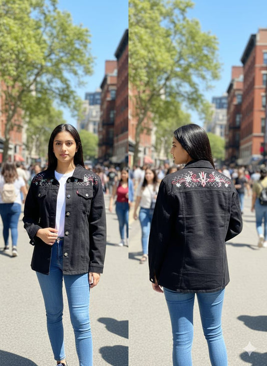 Stylish Blue/Black Denim Jacket for Women – Butterfly & Star Embroidered Design